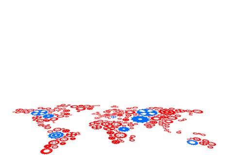 World map outline in red and blue gears on transparent background
