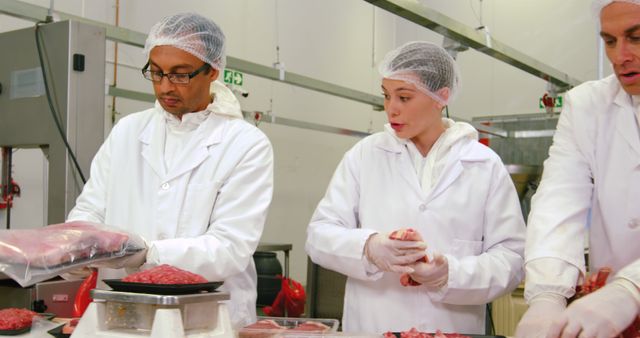 Butchers Weighing and Packing Fresh Meat Test in Factory Production Line - Download Free Stock Images Pikwizard.com