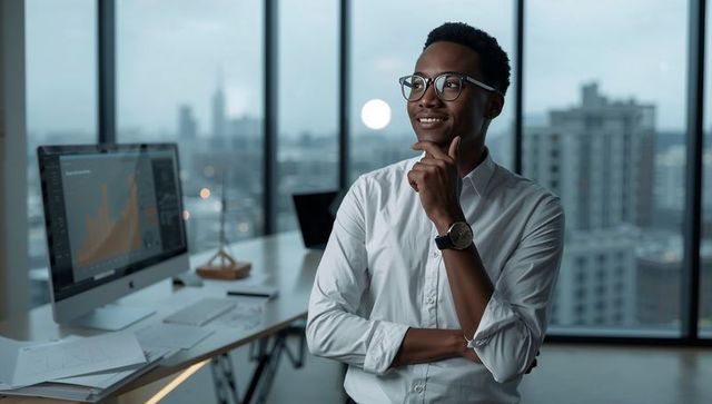 Thoughtful data analyst standing in modern office gazing at skyline with analytics