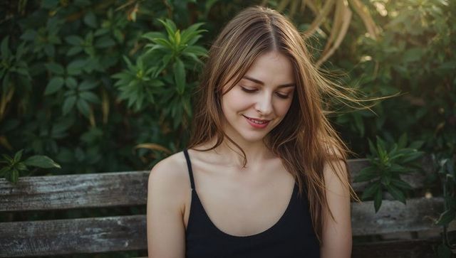 Young woman sitting on weathered bench smiling softly while looking down in sunlit garden