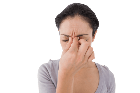 Caucasian woman relieving headache, transparency effect