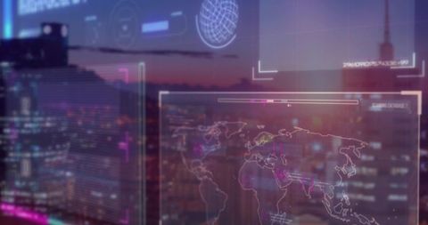 Futuristic Holographic World Map Displayed Over Cityscape
