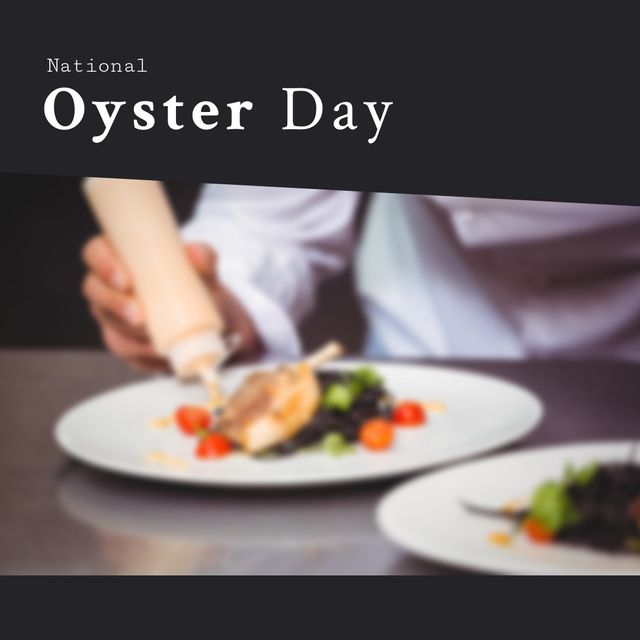 This image can be used for promoting National Oyster Day, culinary events, seafood restaurants, or cooking classes. It depicts a caucasian chef's hands skillfully preparing a gourmet dish, emphasizing the fine details of the cuisine.