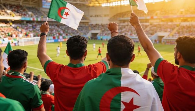 Algerian fans cheering and waving flags in stadium for soccer match celebrating team pride