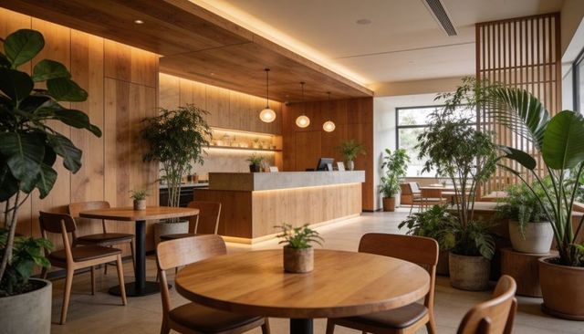 Featuring round wooden tables and hanging globe lights in warm biophilic lounge
