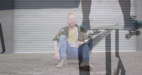 Man Skateboarding with Albino Individual in Urban Background Concept
