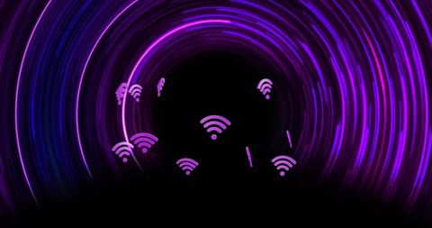 Pulling wi-fi signals into neon vortex of concentric purple rings, futuristic network tunnel