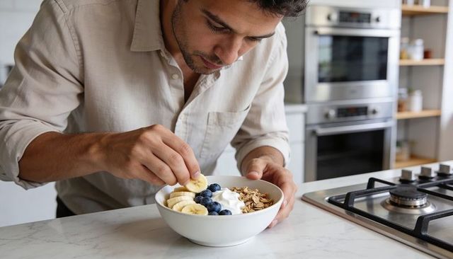 Man arranging yogurt bowl with banana slices blueberries and granola on marble counter