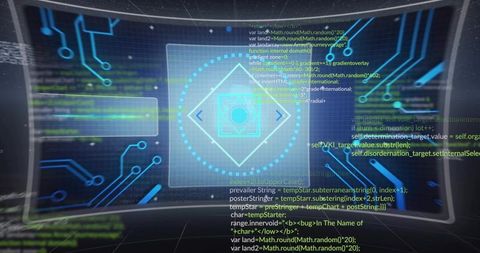 Curved Holographic Interface Displaying Futuristic Diamond HUD, Floating Code and Grid