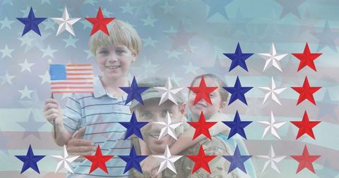 Patriotic Family with Soldier Celebrating American National Pride