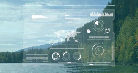 Futuristic infographic interface over scenic mountain lake