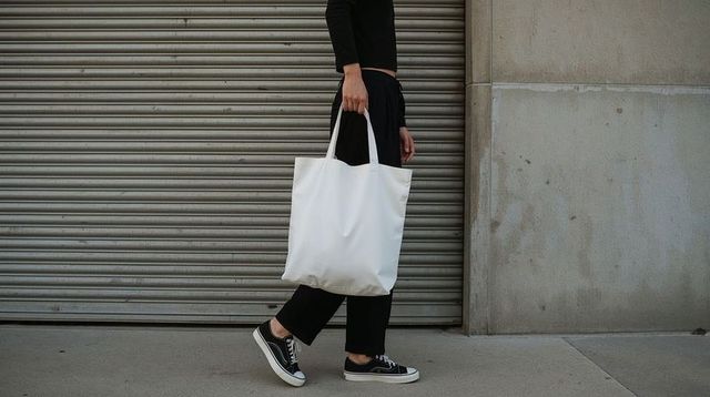 Woman carrying minimalist white tote bag on urban sidewalk