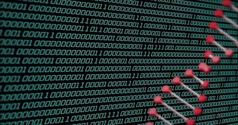 Teal binary matrix with diagonal red molecular chain overlay conveying cyber biological risk