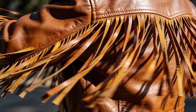 Tan leather fringe jacket moving in sunlight close-up tassels texture and zipper detail