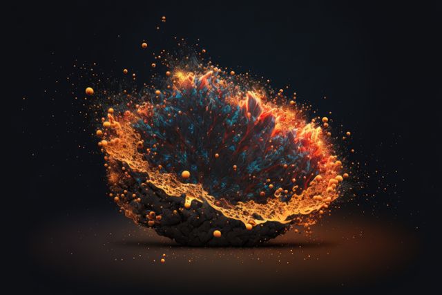 Magnified shiny orange liquid particles floating in the air created using generative ai technology. Energy and suspension of microscopic particles moving in air concept.
