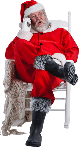 Excited santa claus chatting enthusiastically on mobile phone transparent background