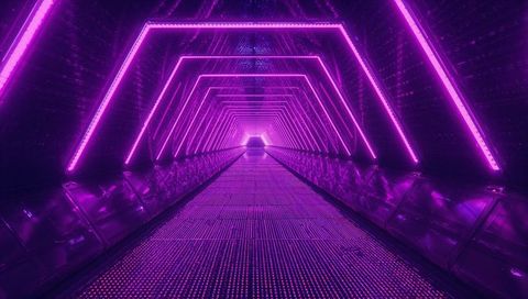 Neon hex tunnel leading to vanishing point, magenta led geometry and reflective floor