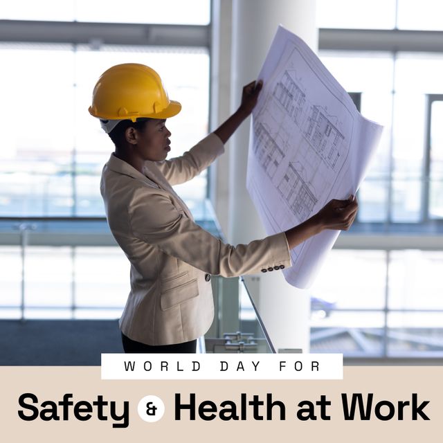 World Day for Safety and Health at Work with Architect Inspecting Blueprints - Download Free Stock Templates Pikwizard.com