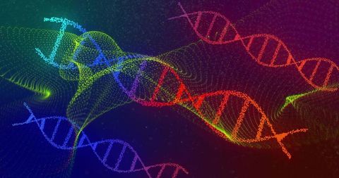 Multicolored DNA Helix Particle Stream Visualizing Genomics and Biotech Innovation Concept