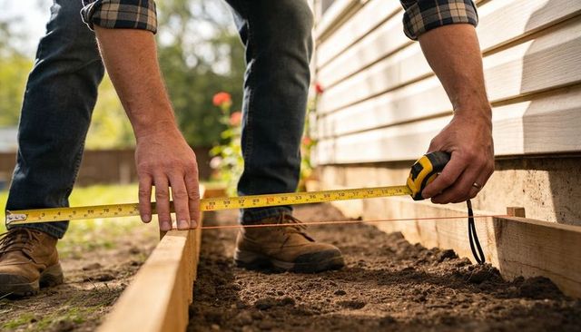 Homeowner measuring and aligning raised garden bed with tape measure along home foundation