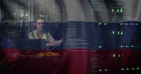 Datacenter Technician Patching Yellow LAN Cables Near Server Rack Monitoring Code Overlay