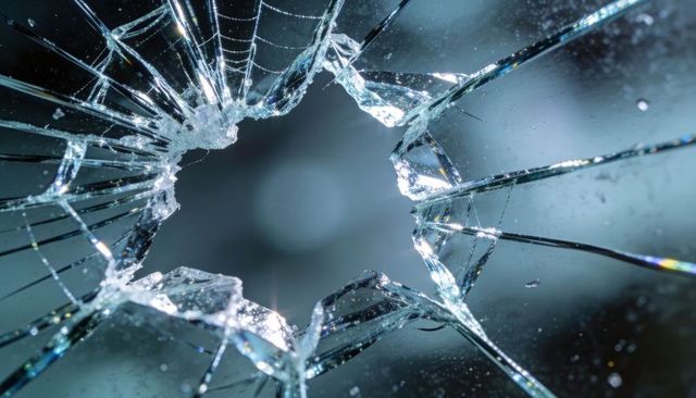Jagged glass shards radiating from impact catching prismatic light on cracked windshield