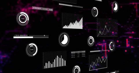 Futuristic HUD Data Dashboard with Neon Glitch, Magenta Purple Panels, Gauges and Graphs