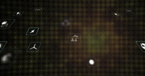 Glowing app icons drifting over circular HUD grid neon holographic interface