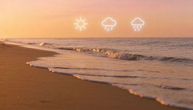 Golden hour beach shoreline with rolling surf and weather icons overlay for forecast