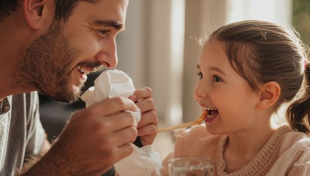 Father feeding daughter playful spaghetti moment during cozy home dinner