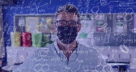 Masked male teacher with holographic equations in classroom