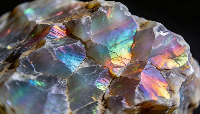Opalized specimen showing rainbow iridescence and prismatic lamellae macro detail