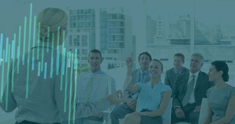 Professional business presentation in modern office with data overlay