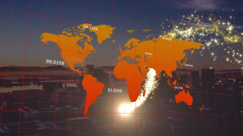 Global Data Processing Over Cityscape at Dusk