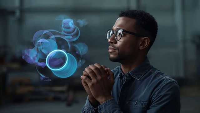 Studying man observing blue holographic orbs while wearing glasses in futuristic workshop