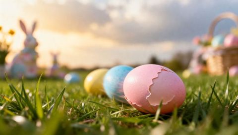 Pastel easter eggs lying on grass with cracked pink shell and wicker basket at sunset