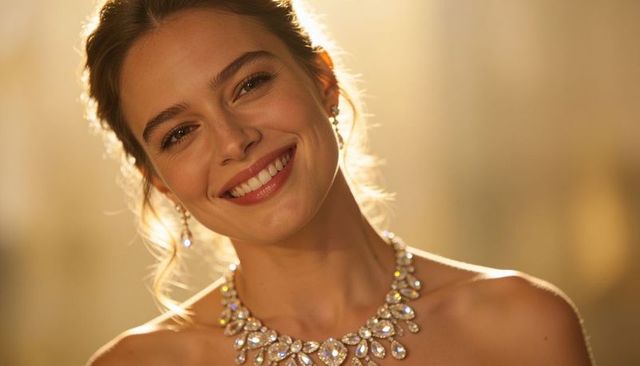 Smiling woman wearing sparkling gemstone necklace and earrings in golden light