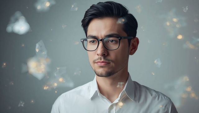 Contemplative asian man wearing glasses with floating glass shards and soft bokeh light