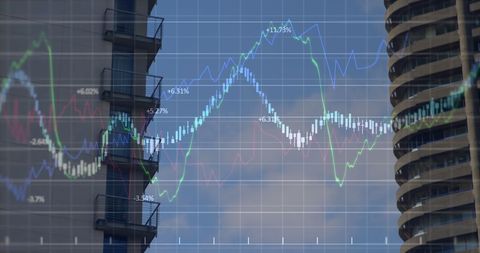Abstract finance growth charts overlay cityscape