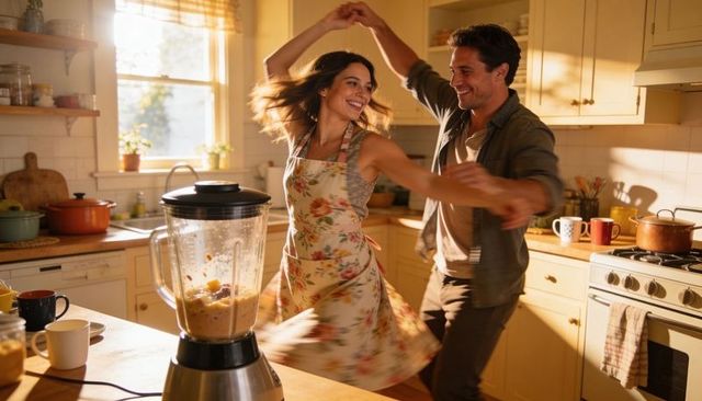 Couple dancing and twirling in sunlit kitchen while blender mixes morning smoothie