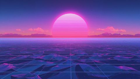 Neon Sunset Over Grid Ocean Featuring Retro Futuristic Mountains and Scanline Sun