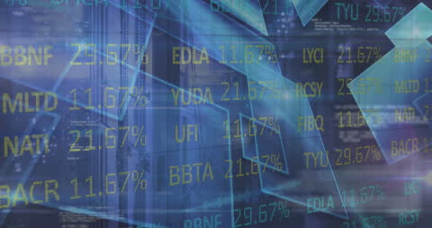 Stock Market Data Superimposed on Futuristic Server Room