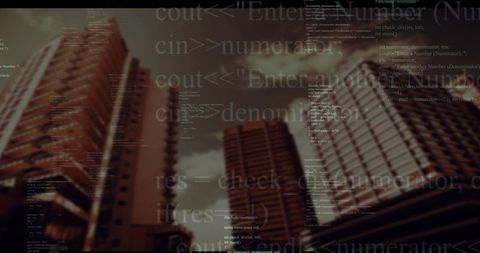 Futuristic city skyline with c++ code overlay at dusk