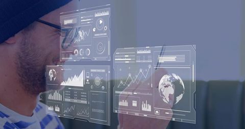 Man Using Smartphone Viewing Augmented Reality Data Dashboards and Holographic Charts for Analytics