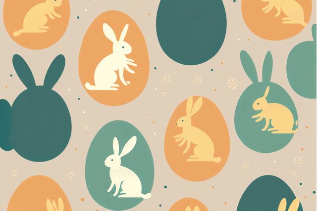 Seamless pattern displaying Easter-themed pastel-colored eggs and illustrations of bunnies. Ideal for holiday wrapping paper, greeting cards, children’s products, and seasonal decor designs. Suitable for digital backgrounds, textiles, and celebratory stationery.