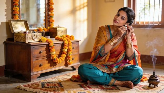 Indian woman adjusting bridal earrings with henna, bangles and marigold garlands at home