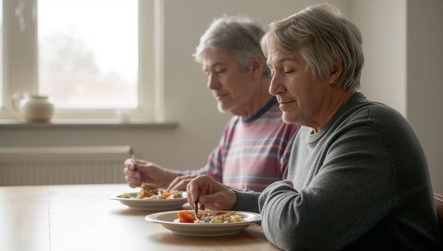 Senior couple enjoying quiet home meal together celebrating companionship and healthy aging