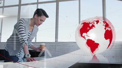 Businesswoman Analyzing Plans with Global Networking Graphics