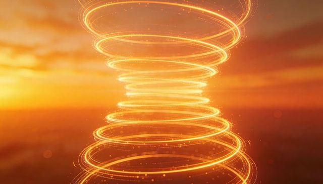 Golden spiral hourglass vortex with glowing light trails and spark particles at sunset