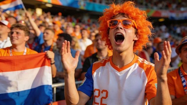 Energetic dutch football fan cheering in orange wig and jersey 22 at stadium